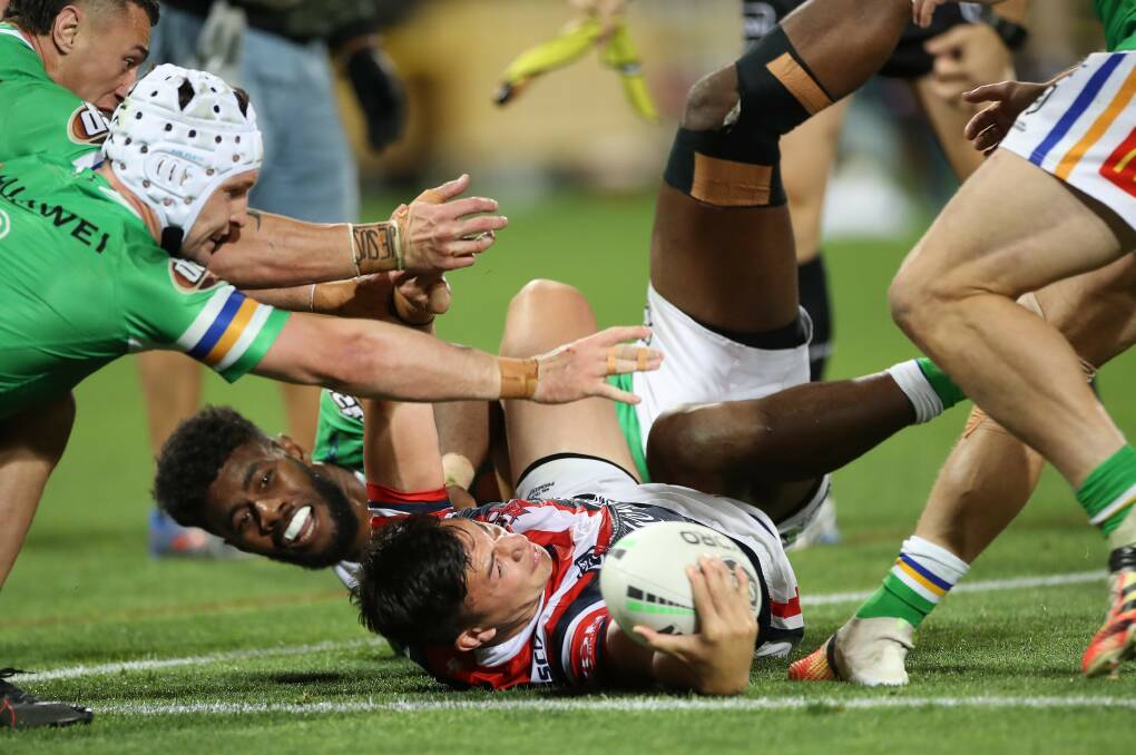 Joseph Manu was denied this one but scored another contentious try against the Raiders. Picture: Getty Images