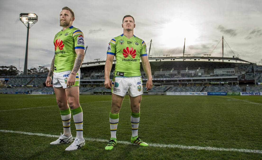 Blake Austin and Aidan Sezer, who spent three years alongside each other at the Canberra Raiders, have reunited at Leeds Rhinos in England. Picture: Jay Cronan