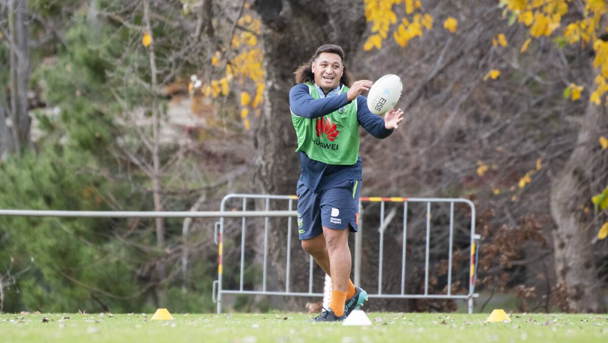 Star prop Josh Papalii was all smiles at Raiders training on Tuesday. Picture: Dion Georgopoulos