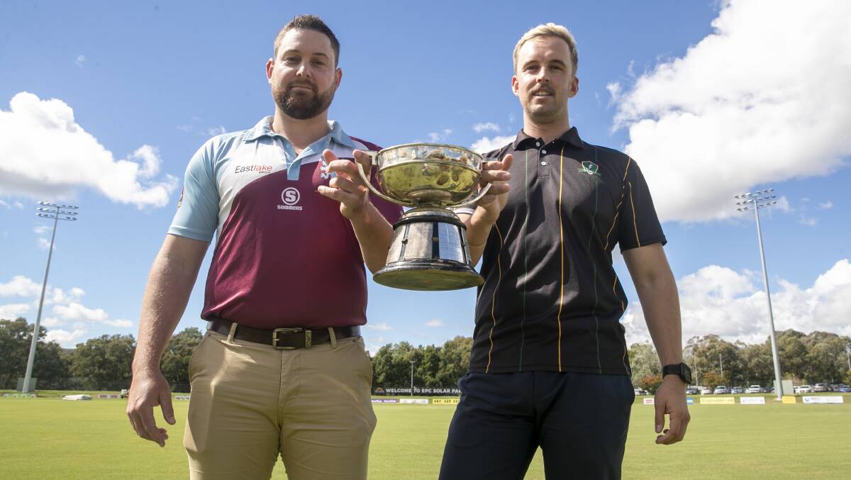 Wests captain Joe Cooke and Weston Creek Molonglo star Robbie Trickett with the Douglas Cup. Picture: Keegan Carroll