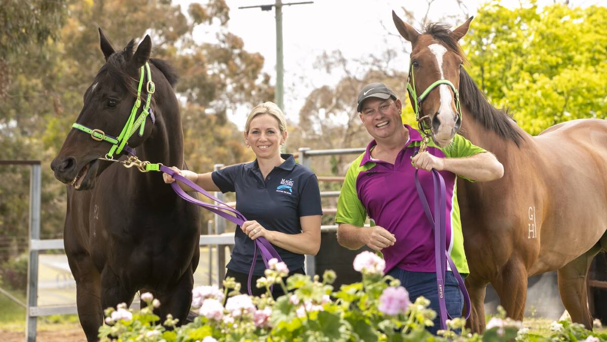 Sharlene and Joe Cleary with Queanbeyan Cup hope Subtly Spring (right) and Thunderbolt contender Up Trumpz. Picture: Keegan Carroll