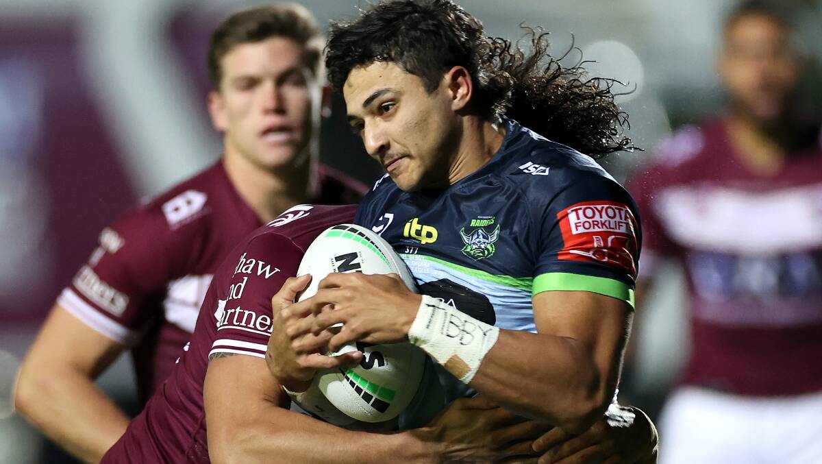 Raiders rookie Xavier Savage stood up to plenty of heavy fire from Manly in Thursday night's win over the Sea Eagles. Picture: Getty
