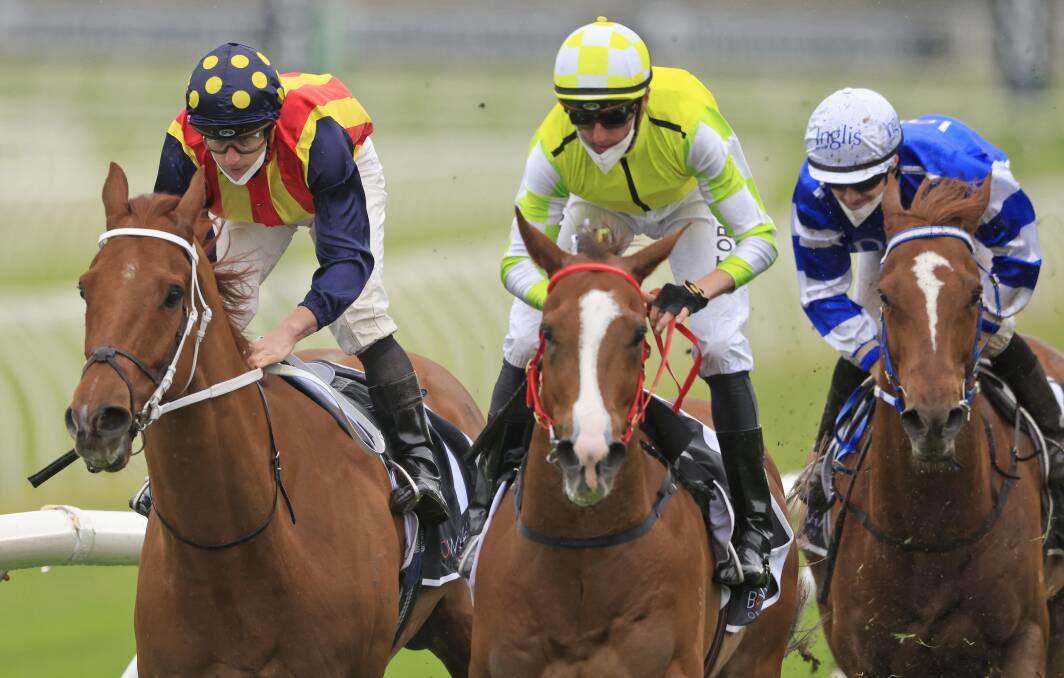 Eduardo (middle) outsprints Nature Strip (left) to win the Shorts at Randwick on Saturday. Picture: Getty