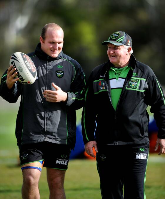 Mick and 'Ack' Weyman at Raiders training in 2008. Picture: Karleen Minney