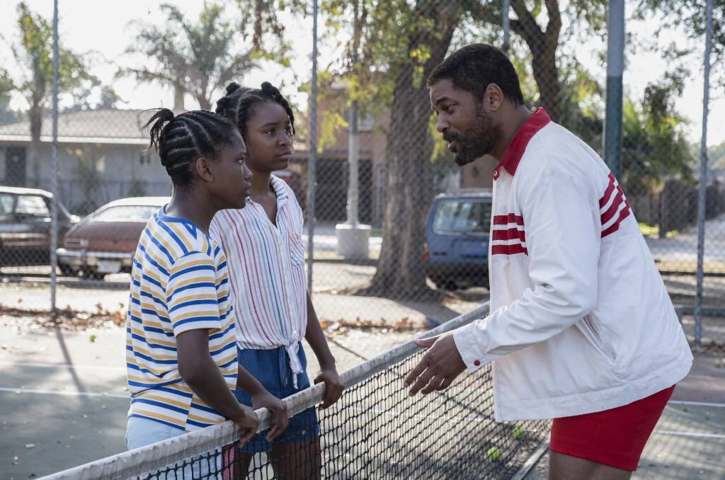Demi Singleton as Serena Williams, Saniyya Sidney as Venus Williams and Will Smith as Richard Williams in King Richard. Picture: Warner Brothers