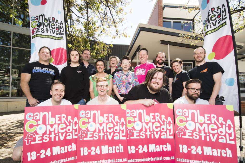 Comedians gather outside the Street Theatre for the 2019 Canberra Comedy Festival. Picture: Dion Georgopoulos