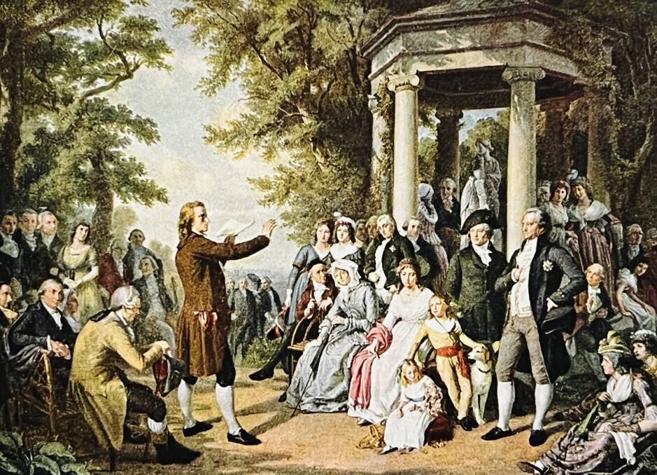 A 19th-century illustration of Schiller and Goethe in Weimar reading and discussing in the park. Picture: Getty Images