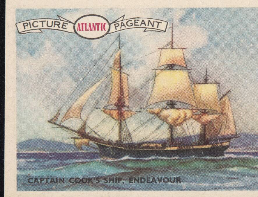 A swap card titled "No. 4 Captain Cook's Ship Endeavour", produced by the Atlantic Union Oil Company. Picture: National Museum of Australia