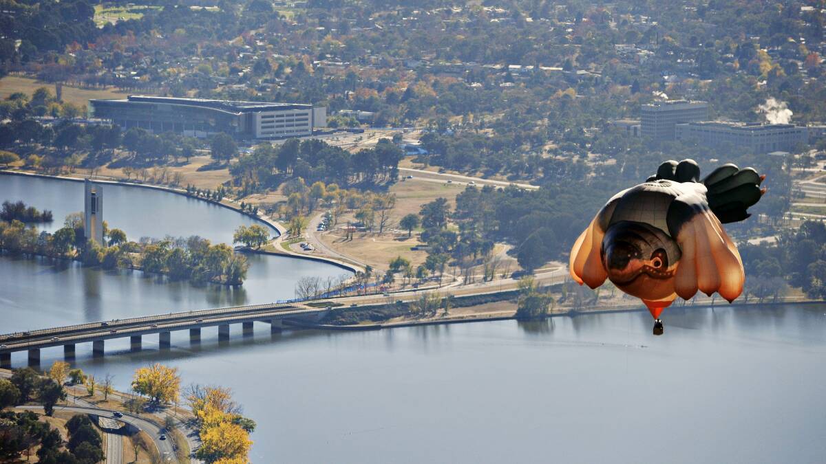 Skywhale on one of her earliest flights over Canberra in May, 2013. Picture by Jay Cronan