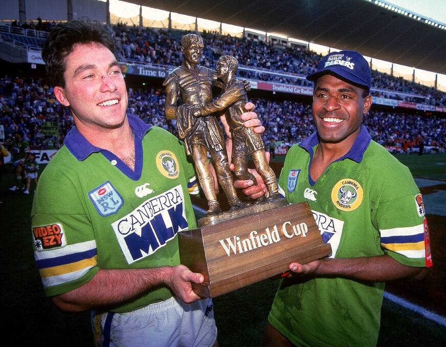Bradley Clyde and Noa Nodruku hold aloft the Winfield Cup after winning the 1994 ARL Grand Final against the Canterbury Bulldogs. Picture: Getty Images