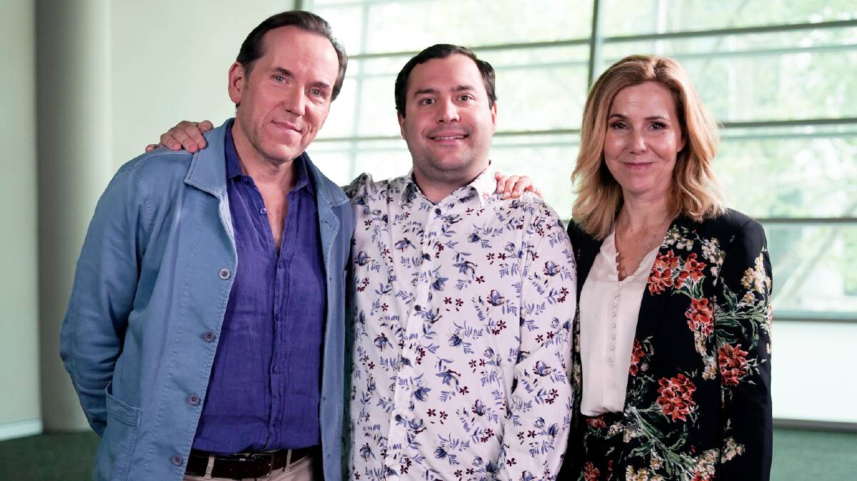 Ben Miller, left, and Sally Phillips, right, along with Australian actor Michael Theo, centre, will star in new ABC comedy Austin. Picture supplied
