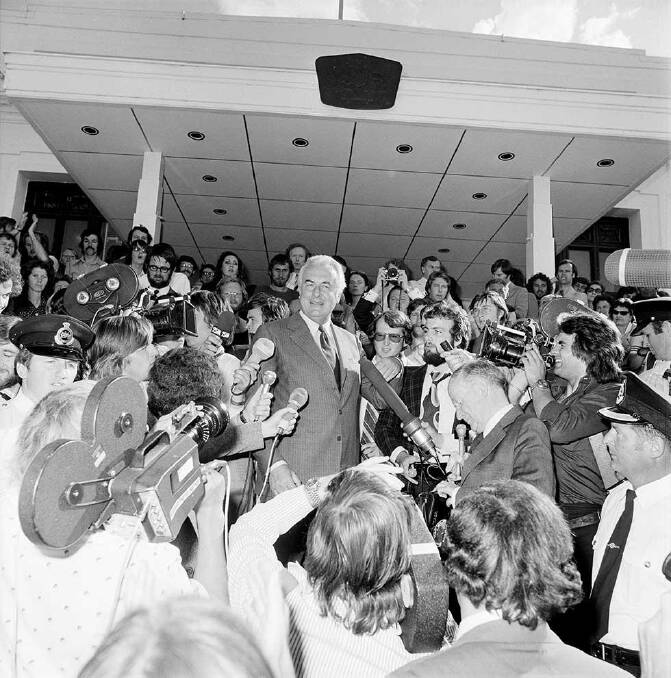 Gough Whitlam addresses the media after his dismissal in 1975. Picture: Australian Information Service 