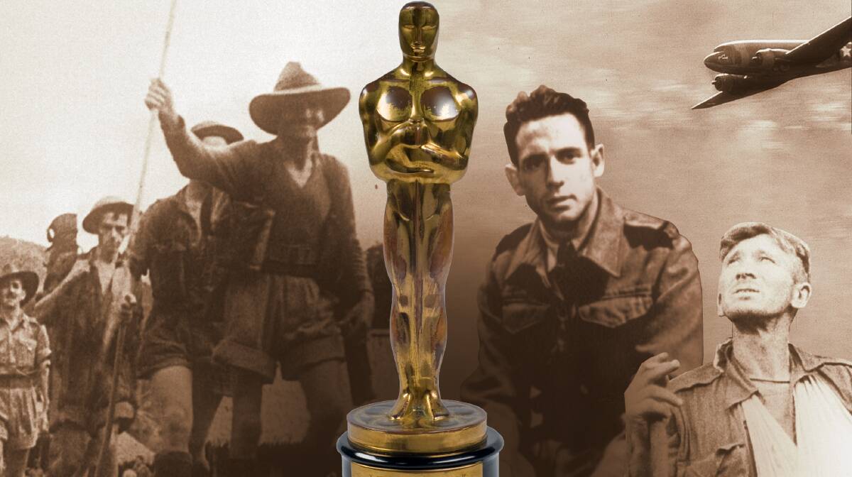 Damien Parer (second from right), the Oscar statuette, and Australian troops featured in Kokoda Front Line! Picture: National Film and Sound Archive