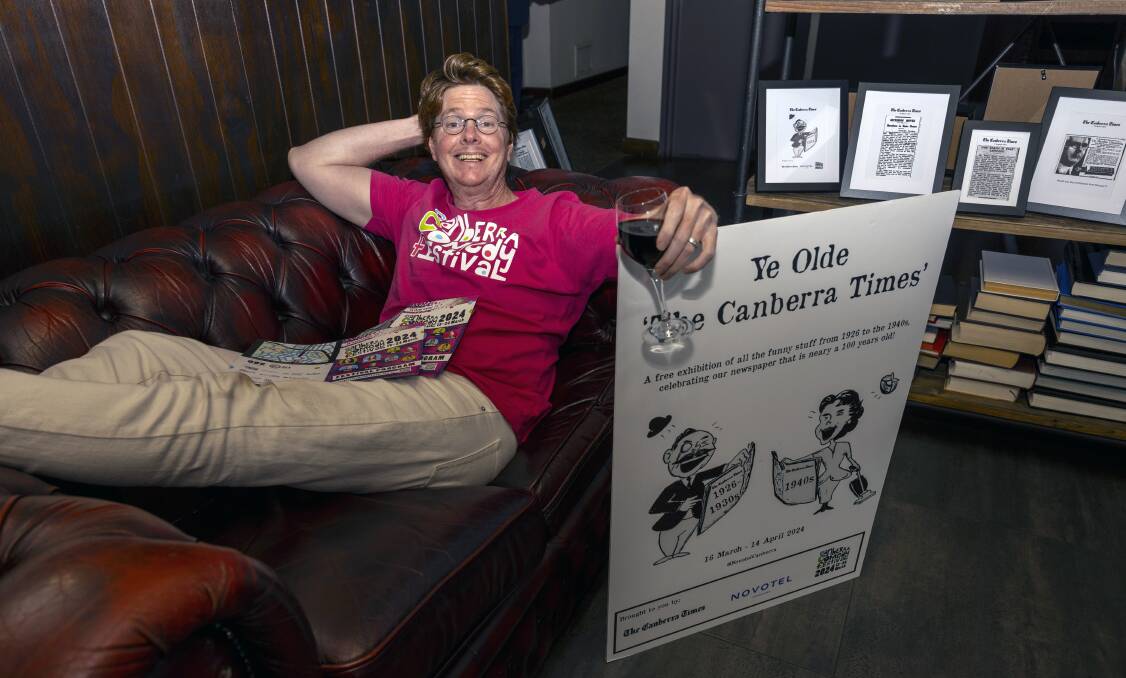 Patrick Hornby, co-founder of the Canberra Comedy Festival, has put together an exhibition of amusing headlines from old editions of The Canberra Times. Picture by Gary Ramage