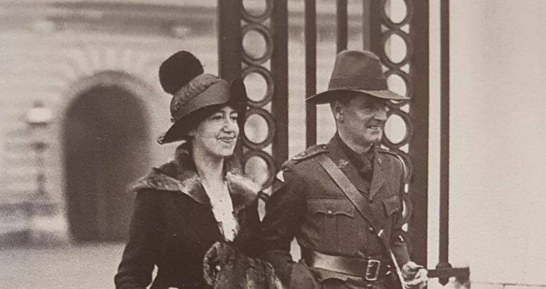 Hilda Rix with Major George Matson Nicholas leaving Buckingham Palace, 1916. Photo: Rix Nicholas Archive. Courtesy Bronwyn Wright