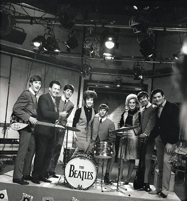 The Beatles on the set of Ready, Set, Go! in 1963, with host Keith Fordyce, Dusty Springfield, Helen Shapiro and Eden Kane. Picture: Getty Images