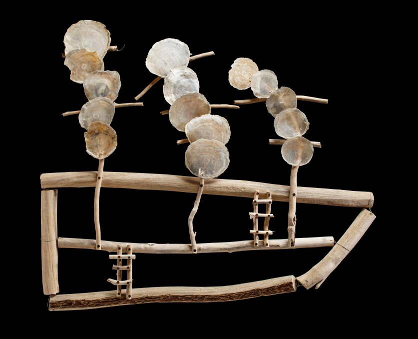HMS Endeavour ship, by Kurt Kynuna, 2019. Driftwood, pearl shell, galvanised wire and screws. Picture: National Museum of Australia