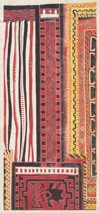 G.W. Bot, Prayer rug, linocut on tapa cloth (detail), on show at Beaver Galleries.