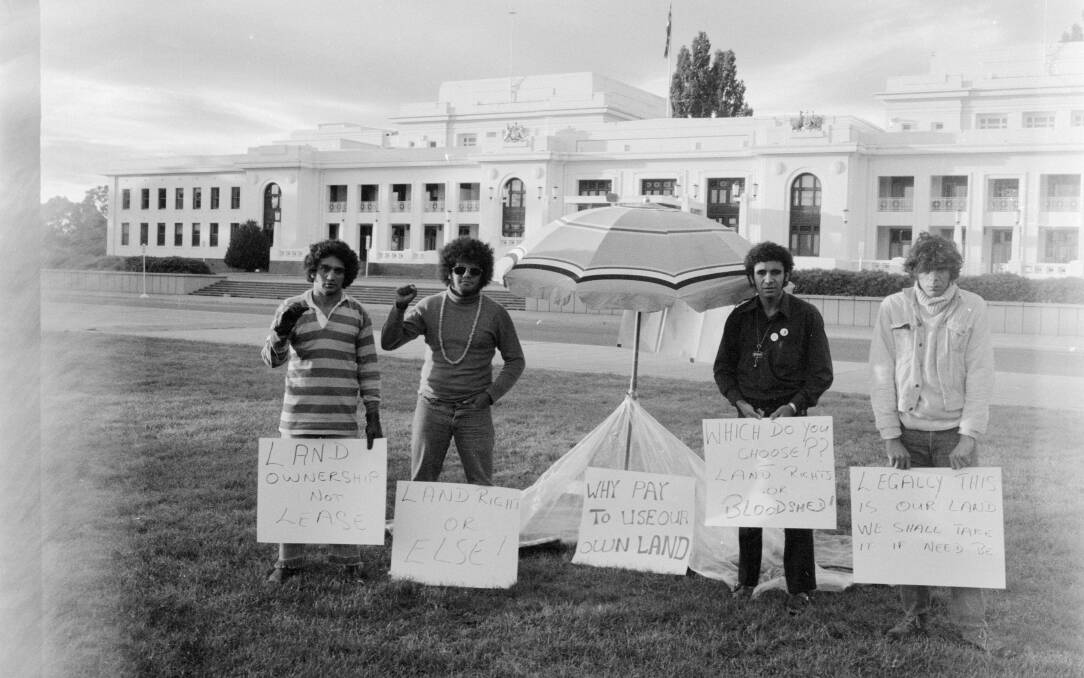 Billy Craigie, Bert Williams, Michael Anderson and Tony Coorey on the first day of the Aboriginal Tent Embassy, January 27, 1972. Picture: State Library of NSW