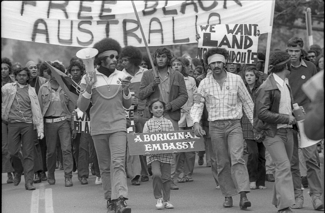 Greg Dickins, March to establish the Aboriginal Embassy, July 1972. From Life-Time Book 1. Coming of age.