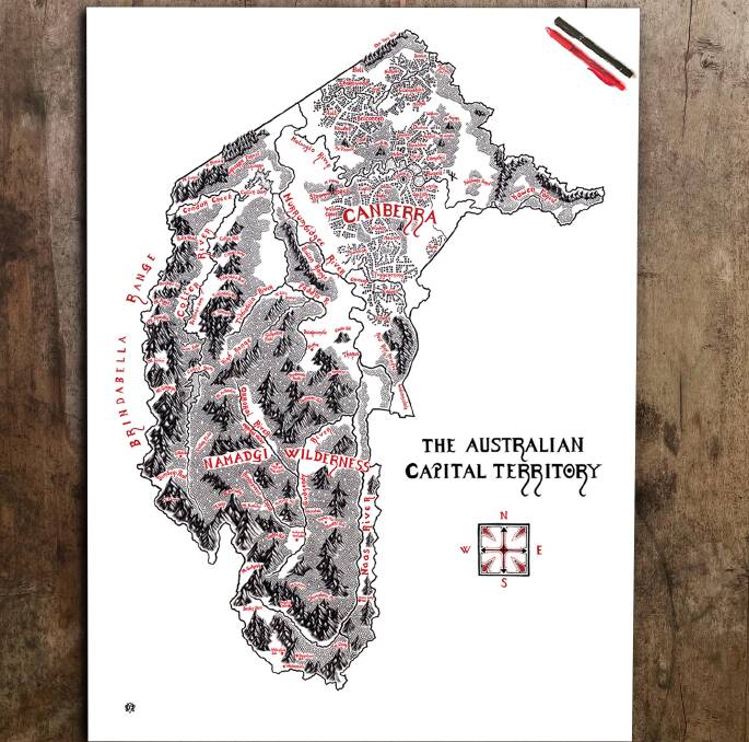 Tolkien-style map of the ACT, by Cartography Chronicles. Available in three sizes, starting at $65. cartographychronicles.com