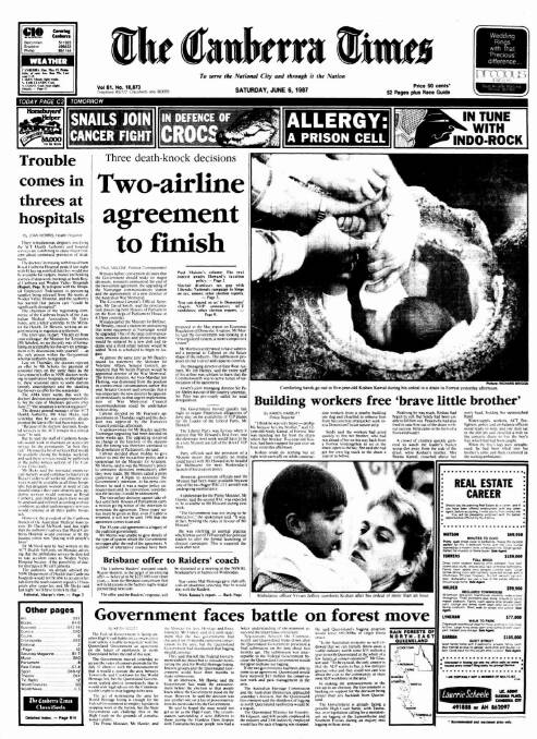 The front page of The Canberra Times on this day in 1987.