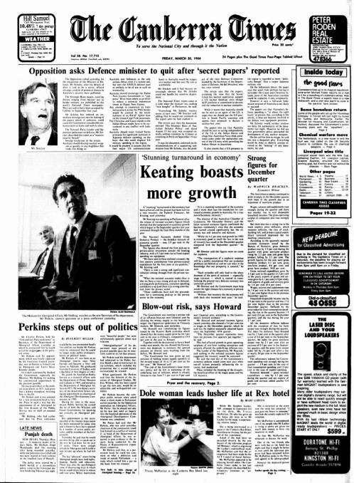 The front page of The Canberra Times for March 30, 1984.