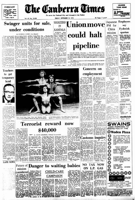 The front page of The Canberra Times on September 22, 1972.