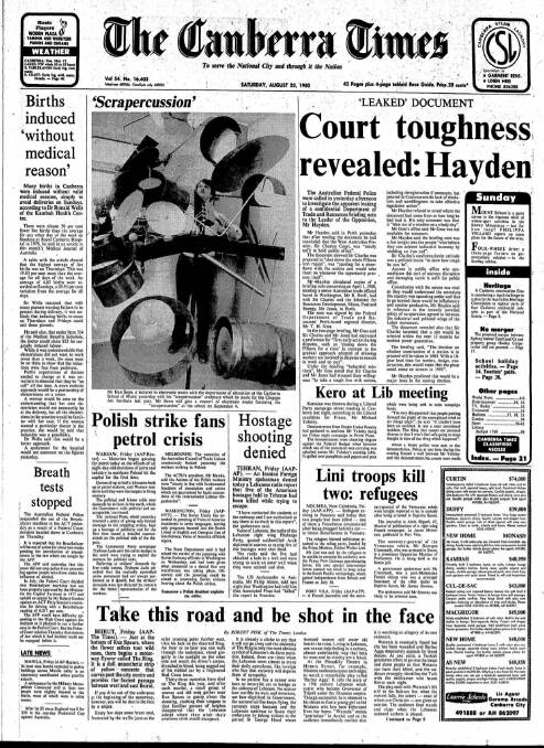 The front page of The Canberra Times on August 23, 1980.
