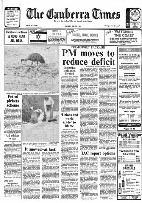The front page of The Canberra Times on this day in 1982.