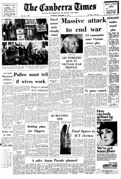 The front page of The Canberra Times on September 21, 1967.