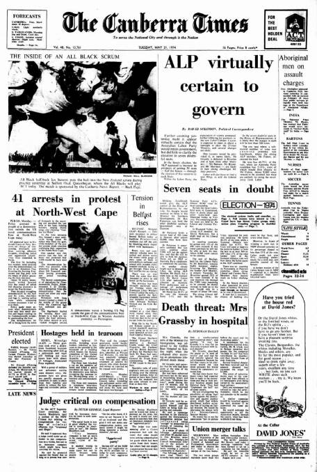 The front page of The Canberra Times on May 21, 1974.