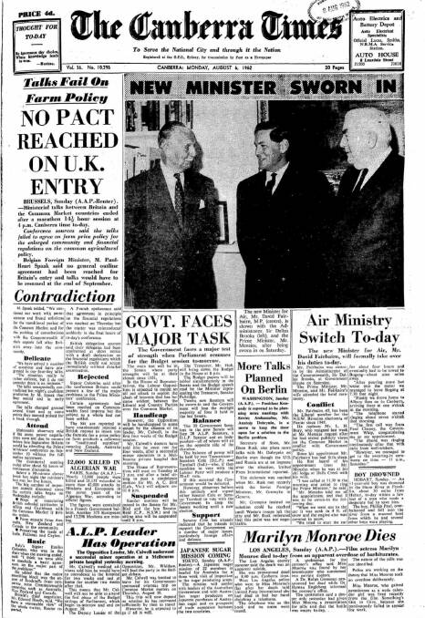 The front page of The Canberra Times on August 6, 1962.