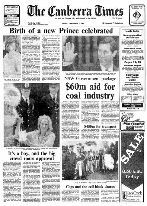 The front page of The Canberra Times on September 17, 1984.