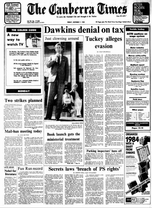 The front page of The Canberra Times on October 7, 1983.
