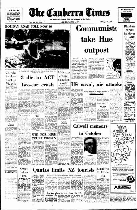 The front page of The Canberra Times on this day in 1972.