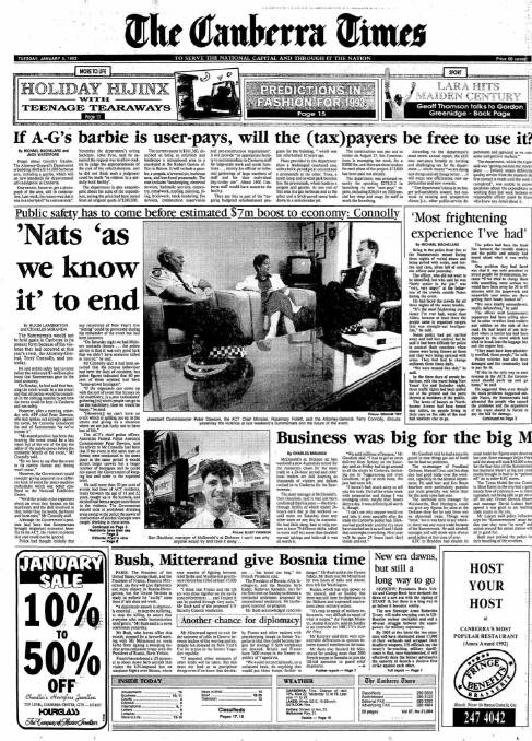 The front page of The Canberra Times on January 5, 1993.