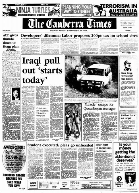 The front page of The Canberra Times on August 5, 1990.