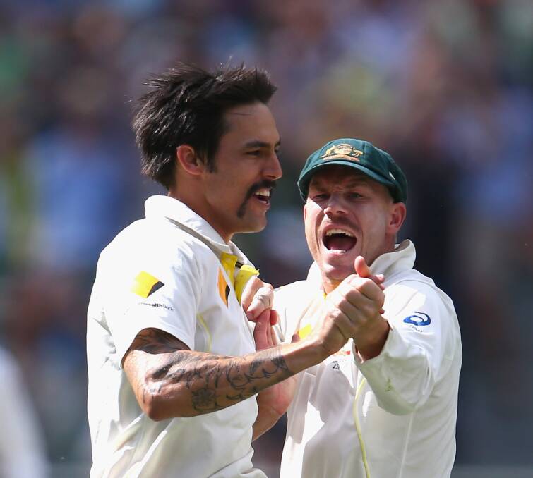 Mitchell Johnson and David Warner in happier times. Picture Getty Images