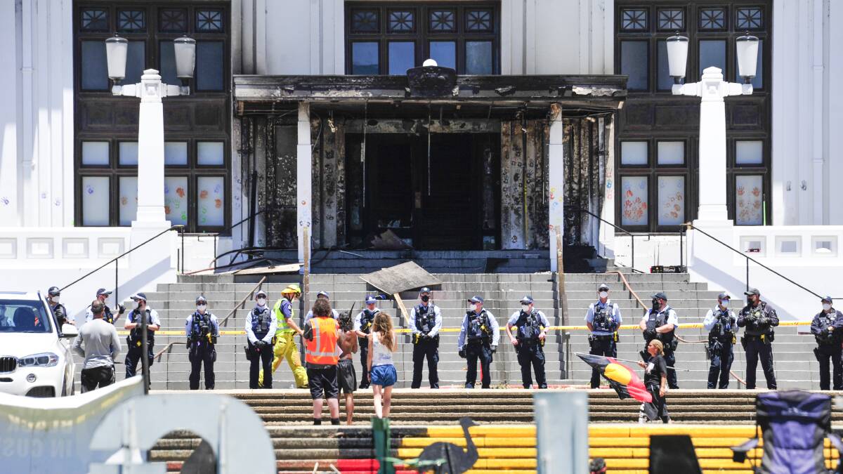 The front doors of Old Parliament House after the fire on December 30, 2021. Picture ACM