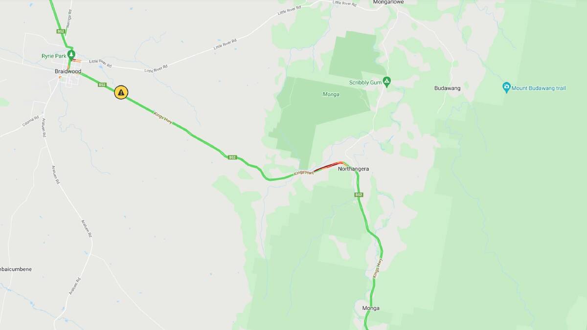 Traffic is delayed at the Kings Highway between Tudor Valley Road and Northangera Road, approximately 10-15kms east of Braidwood. Picture: NSW Live Traffic