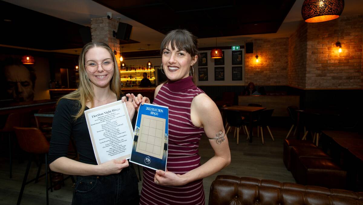 PJs in the City marketing coordinator, Millie Gillard and venue manager, Dana Cape with their election party bingo card ahead of the big event on Saturday evening. Picture: Elesa Kurtz