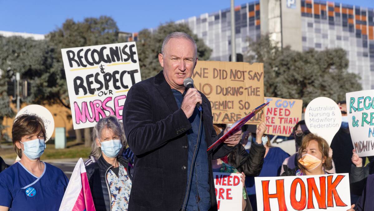 Australian Nurse and Midwives Federation ACT branch secretary Matthew Daniel at a rally outside Canberra Hospital. Picture: Keegan Carroll 