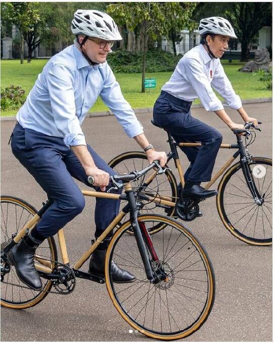 Prime Minister Anthony Albanese with Indonesian President Joko Widodo cycling through the grounds of Bogor Palace. Picture: Instagram