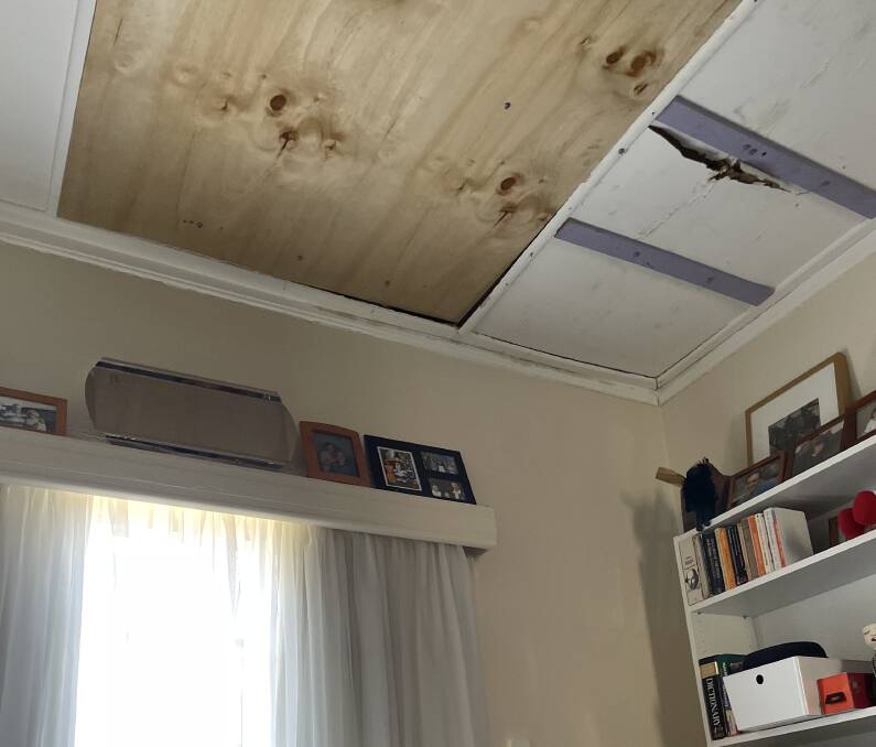Unrepaired ceiling at Sue Tucker and Bob Clark's residence in Griffith. Photo: Sue Tucker