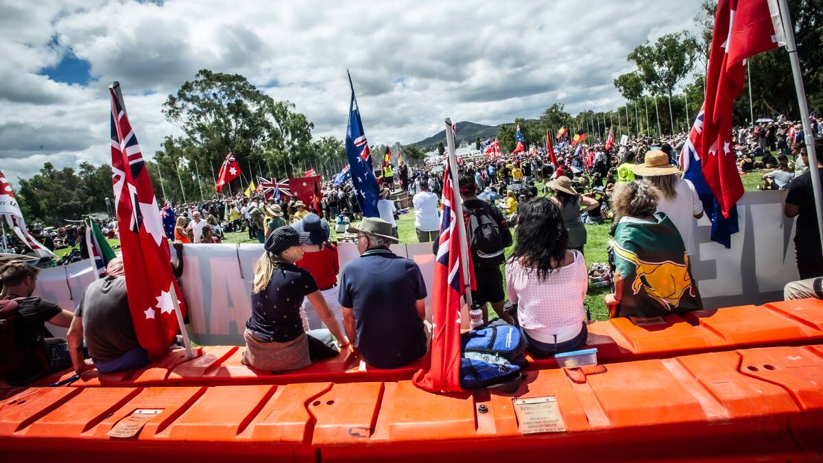 Anti-vax protesters gather in front of Parliament House on Saturday. Picture: Karleen Minney