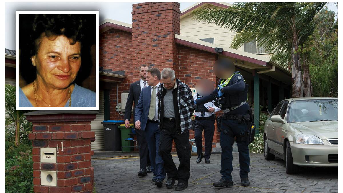 Steve Fabriczy being arrested at his Melbourne home for the murder of Irma Palasics, inset. Pictures supplied