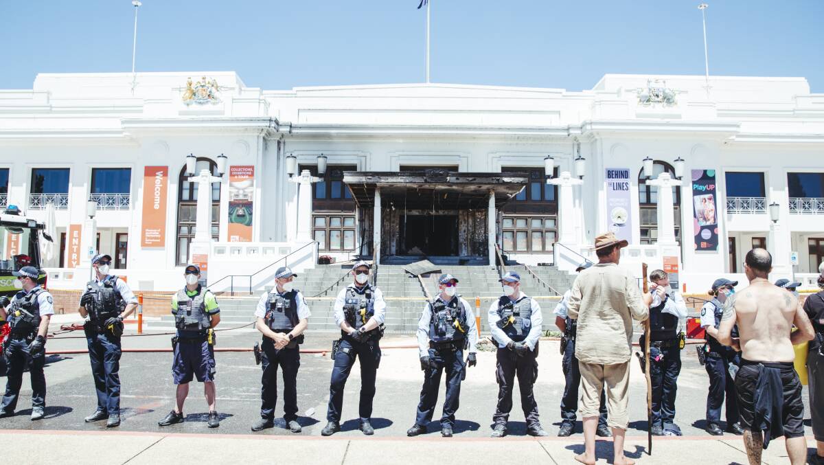 Police out the front of Old Parliament House after a damaging fire on December 30. Picture: Dion Georgopoulos 