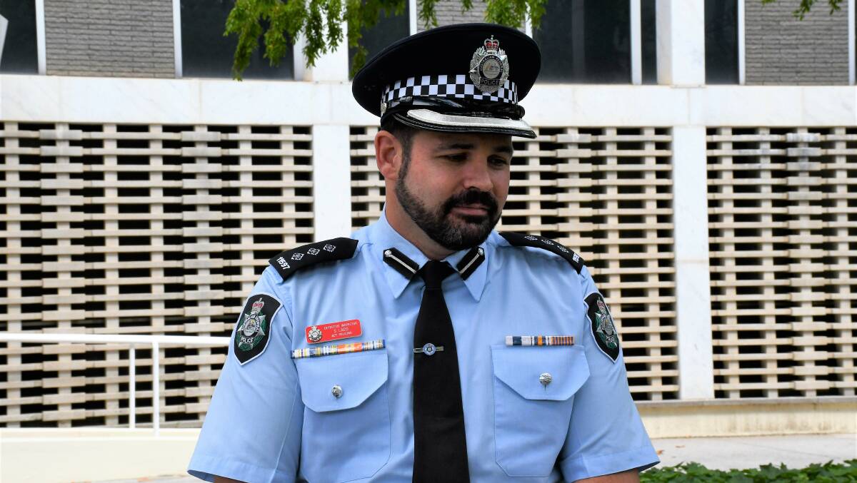 Detective Inspector Stephen Ladd addressed the media outside Canberra City Police Station. Picture: Hannah Neale