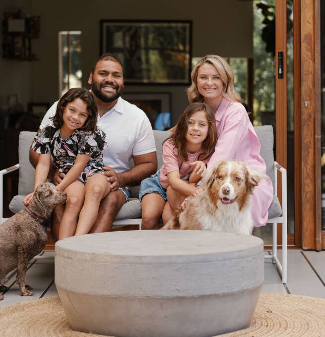 Ex-Broncos star Sam Thaiday with his wife Rachel and daughters Gracie and Ellsie. 